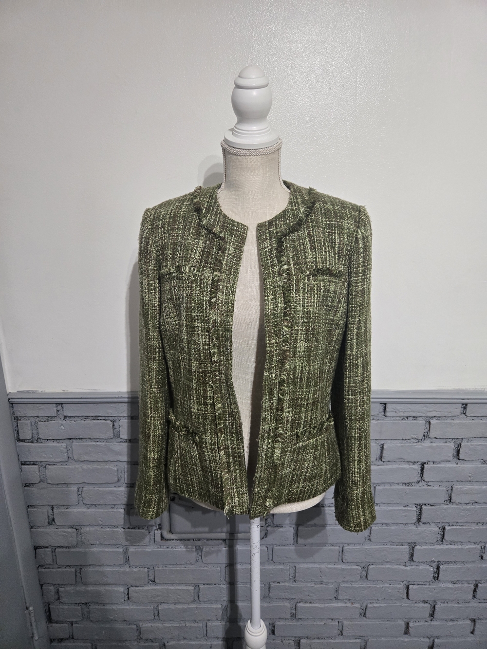 Vtg Liz Claiborne Olive Green Tweed Open-Front Blazer